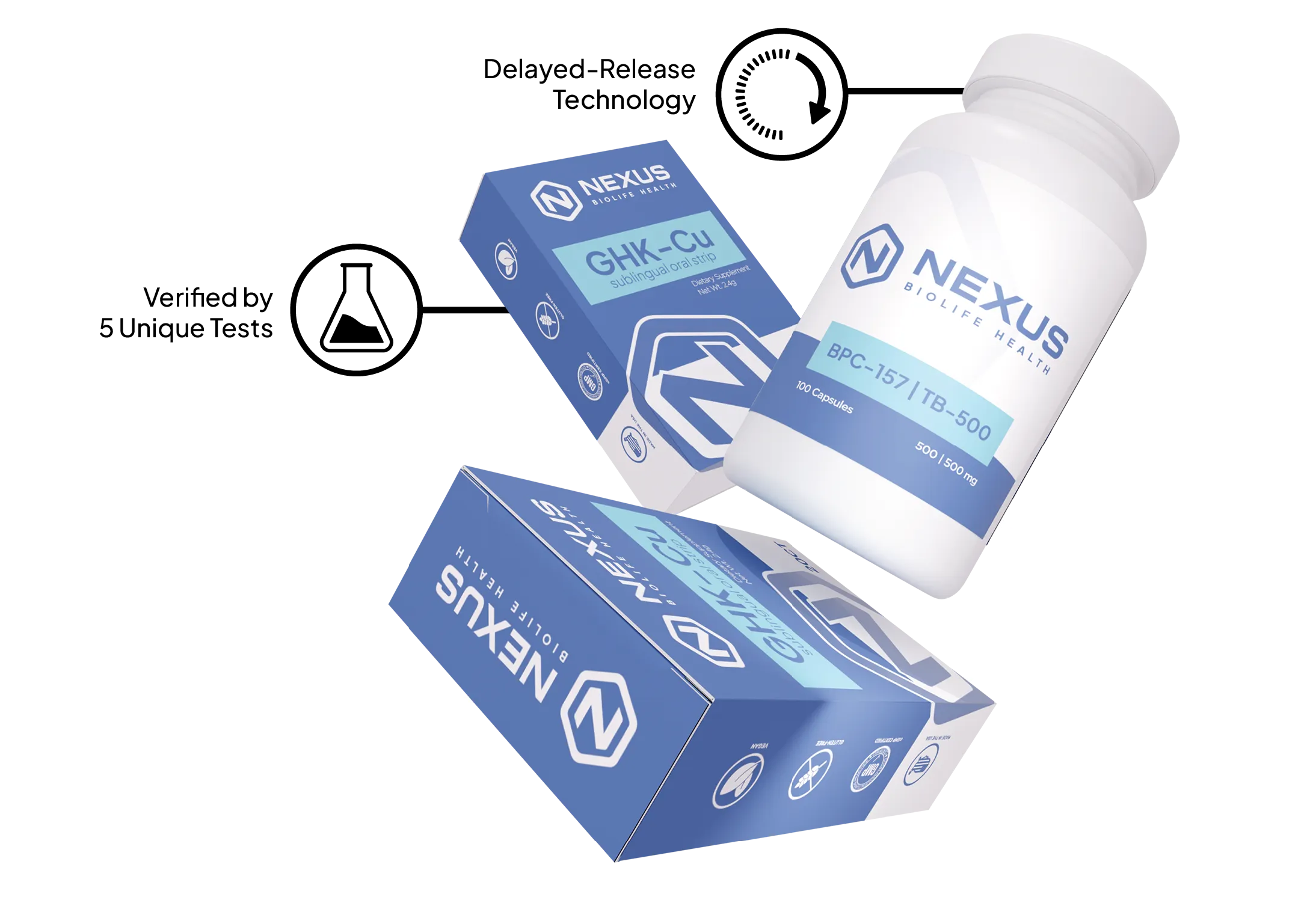 Nexus Bio Life.health desktop hero image with infographic text - capsules and sublinguals