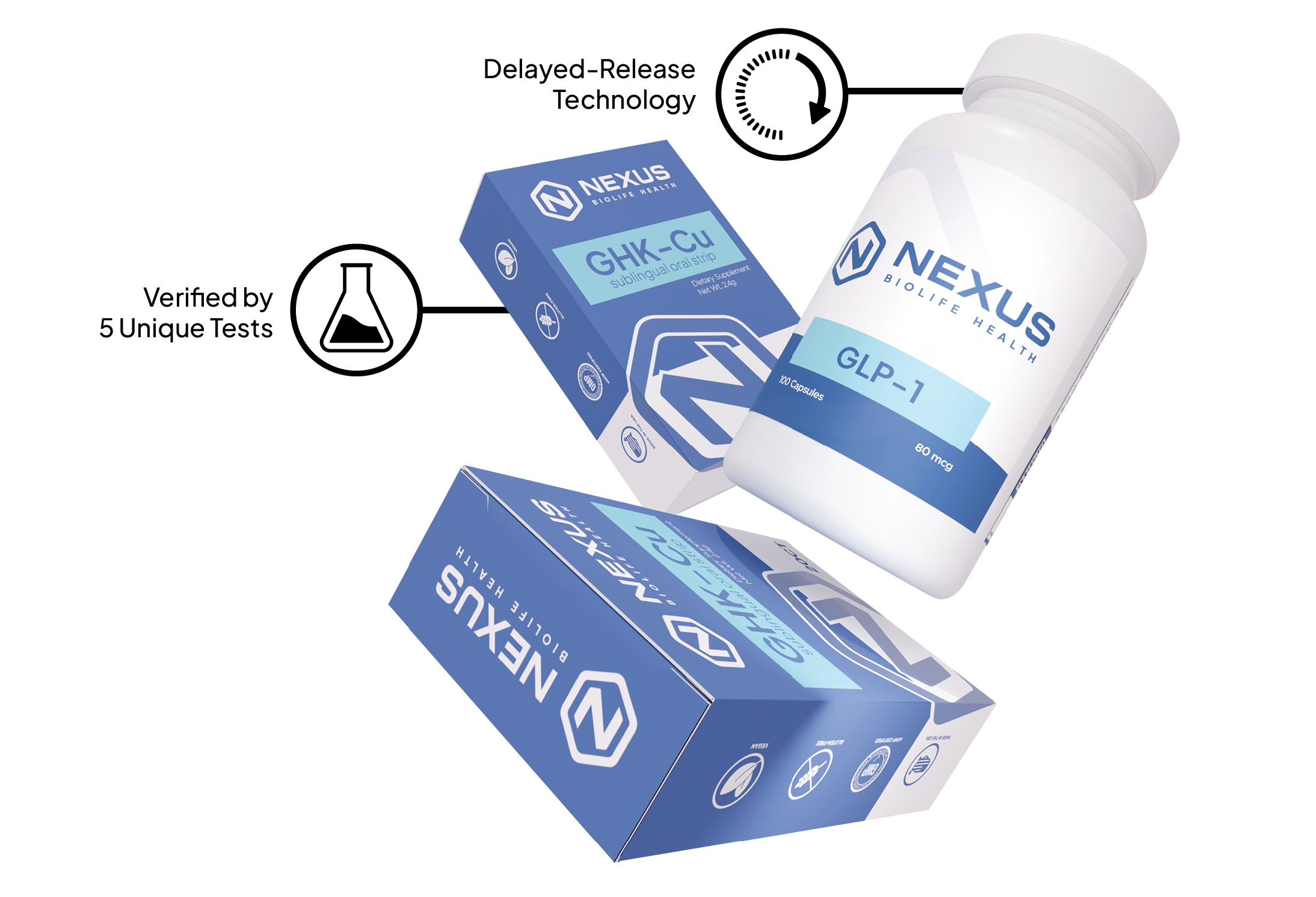 Nexus Bio Life.health desktop hero image with infographic text - capsules and sublinguals