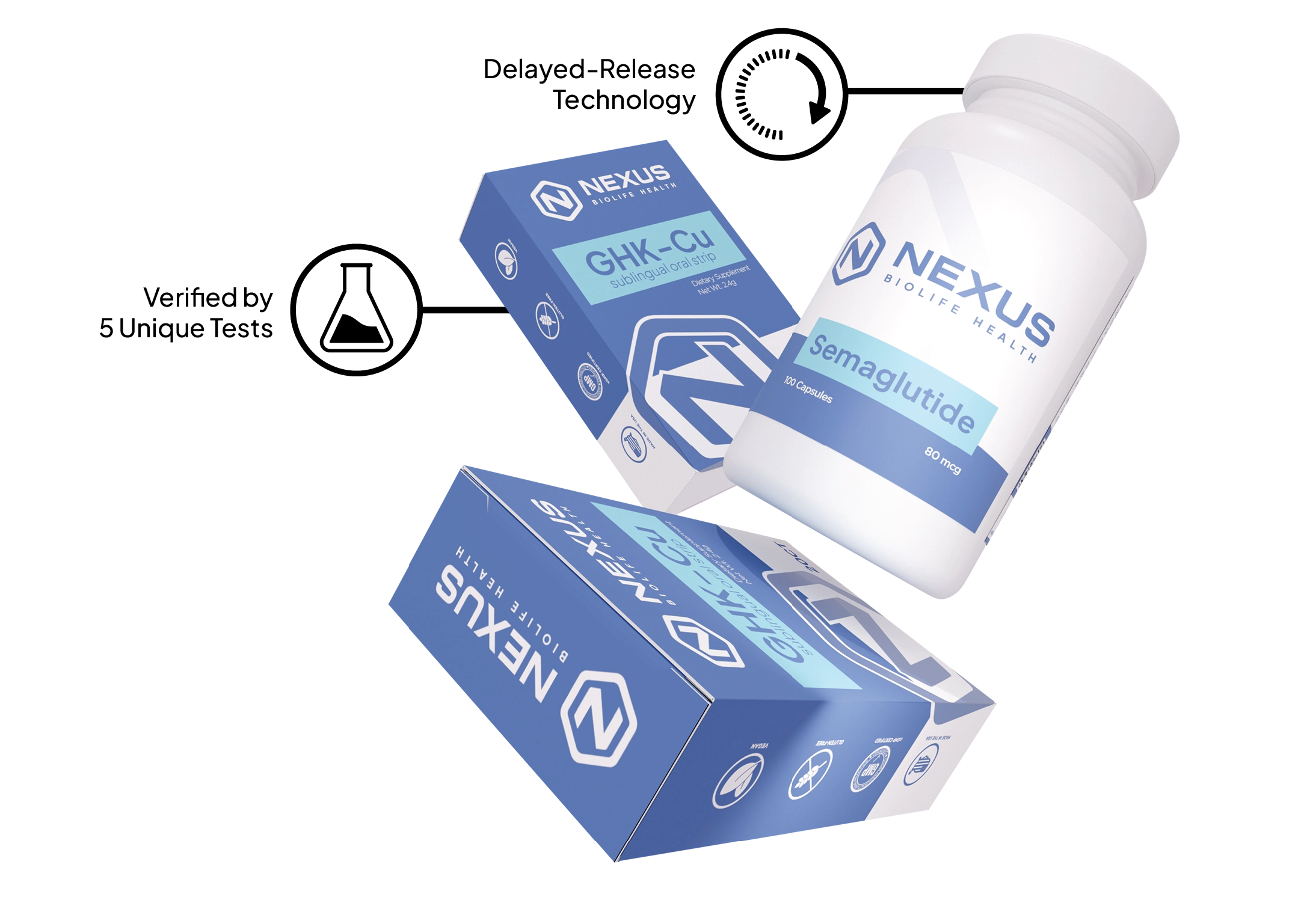 Nexus Bio Life.health desktop hero image with infographic text - capsules and sublinguals
